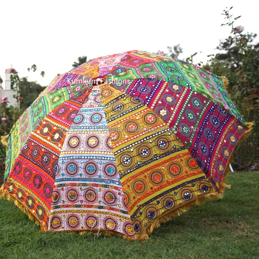 Indian handmade elephant embroidered cotton mandala multipurpose parasol decor outdoor beach garden umbrella