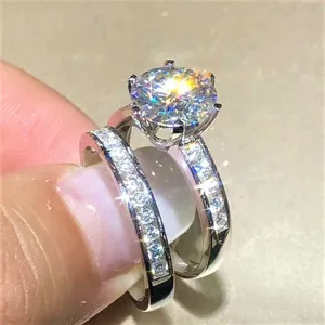 แหวนแต่งงานคู่เงินแท้ 925 ประดับมอสซาไนต์ทรงกลม 3.0 กะรัต ชุบทองคำขาว 14K สไตล์วินเทจ - Product Image 5