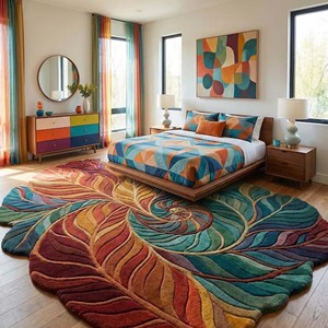 Colorful Leaf Abstract Area Rug Modern Hand Tufted Artistic Carpet Custom Shape Luxury Designer <b>Floor</b> Mat for Livingroom Bedroom - Product Image 4