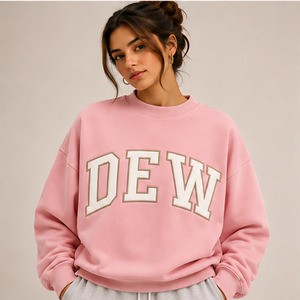 <b>Pink</b> Embroidered DEW Letter Crew Neck Sweatshirt <b>Women</b> Drop Shoulder Fleece Pullover - Product Image 1