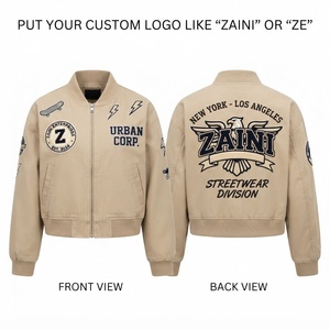 <b>Women</b> Crop Top Bomber <b>Jacket</b> Premium Cotton Twill 240 GSM <b>Beige</b> Rib Collar Custom Embroidered Logo Windproof Winter Zipper - Product Image 1