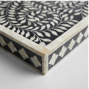 Plateau rectangulaire artisanal en MDF écologique, rustique, décoratif pour mariage, avec motif floral incrusté d'os et poignée gravée, multifonctionnel - Product Image 2