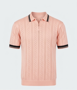 Camiseta polo texturizada color melocotón para hombre, de algodón, con cuello con cremallera, manga corta, ropa informal de verano - Product Image 2