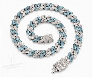 Luxury Cuban link <b>chain</b> necklace in 18K white gold <b>iced</b> <b>out</b> with lab grown diamonds and vibrant blue accents bold hip hop design - Product Image 6