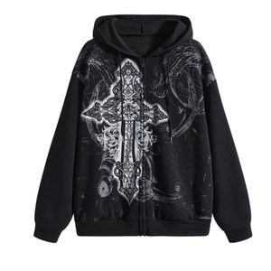 Sweat-shirt à capuche noir personnalisé avec fermeture éclair, imprimé graphique orné de croix, style oversize Harajuku vintage Y2K gothique streetwear pour femmes et hommes - Product Image 4