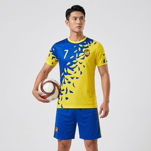Maillot de football personnalisé pour homme, bleu et jaune, imprimé feuilles séchées, 100 % polyester respirant, manches courtes, col rond, uniforme de football - Product Image 1