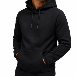 Sudadera con Capucha Negra para Hombre, Manga Raglán, Color Sólido, Felpa Francesa, Estilo Casual Otoñal, Corte Regular, Diseño con Bolsillos - Product Image 4