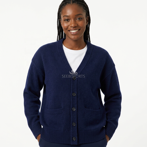 Cárdigan de Punto para Mujer, Color Azul Marino, Cuello en V, Manga Larga, Botones, Bolsillos Bordados, Estilo Vintage, Informal, para Otoño e Invierno - Product Image 1