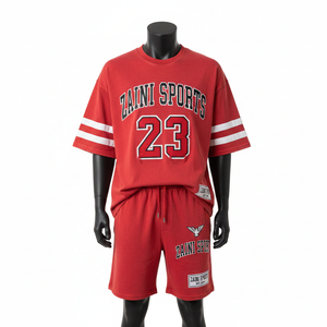 Conjunto de camiseta y pantalones cortos de algodón para hombre, duradero, suave al tacto, rojo y blanco, ropa informal, logotipo con apliques personalizados, conjunto de camiseta y pantalones cortos para hombre - Product Image 6