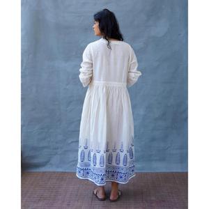 Womens White Cotton Maxi <b>Dress</b> With Blue Block Print Long Sleeve Boho Wrap Style Summer <b>Dress</b> - Product Image 4