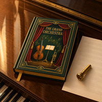 Carnet de notes LABON Custom Grand Orchestra, couverture rigide vert forêt, bordure dorée gaufrée, motif soleil, support pour violoncelle, trompette, bords dorés