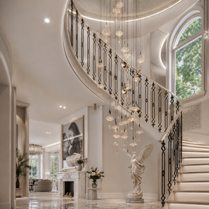 Rampe d'escalier noire ornée avec balustres décoratifs, main courante intérieure courbée de luxe pour l'intérieur d'une villa moderne - Product Image 1