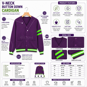 Cosh International Sisterhood Sorority <b>Purple</b> Knitted <b>Cardigan</b> V-Neck Long Sleeve Casual Top With Green White Stripes Button - Product Image 6