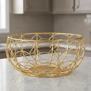Panier à fruits rond en métal doré multi-usages, bol décoratif, organisateur de table, panier de rangement pour la cuisine, la salle à manger - Product Image 5