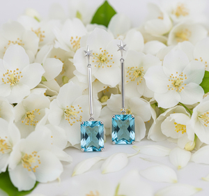 Boucles d'oreilles pendantes vintage en argent 925 plaqué rhodium avec accent étoile en topaze bleue taille émeraude, bijoux classiques pour femme, cadeau de fête - Product Image 6