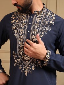 <b>Men</b> Navy Blue Embroidered <b>Kurta</b> With White Pajama Regular Fit Traditional Indian Pakistani Knee-Length Casual Wear - Product Image 6