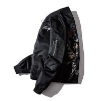 Blouson bomber noir brodé de fleurs pour homme, col montant, fermeture éclair, streetwear, coupe-vent, manteau d'automne