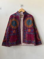 Blouson Bomber Réversible Matelassé en Velours Tricoté Brodé Suzani Vert Vintage Bohème Unisexe Hiver Ethnique Respirant Lettres