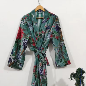 Bata Kimono de Algodón con Estampado Floral/Animal, Cuello en V, Manga Larga, Secado Rápido, Largo Completo, para Damas de Honor, Primavera/Verano - Product Image 1