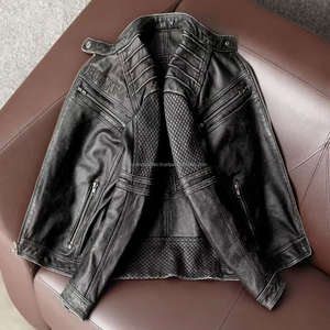 Blouson en cuir pour homme, style vintage, respirant, coupe-vent, fermeture éclair, écologique, automne, moto, cuir végétalien - Product Image 5