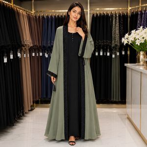 Luxury Two Tone Open Front Abaya | Taupe <b>Grey</b> Outer Robe with Black Inner Dress | Premium Nida Fabric Dubai Style Abaya - Product Image 2