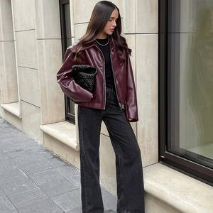 Blouson bomber en cuir PU écologique pour femme, couleur unie, fermeture éclair sur le devant, col rabattu, manches longues, longueur courte, automne-hiver - Product Image 5