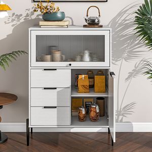 Credenza in Legno 85 cm x 40 cm con 3 Cassetti e 1 Anta in Vetro per Cucina, Sala da Pranzo o Corridoio - Product Image 3