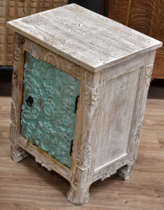 Mesa <span class=keywords><strong>de</strong></span> <span class=keywords><strong>Noche</strong></span> Tradicional <span class=keywords><strong>de</strong></span> Madera Maciza India Turquesa con Acabado Natural, Tallada a Mano, Estilo Oriental, Ecológica para Dormitorio - Product Image 4