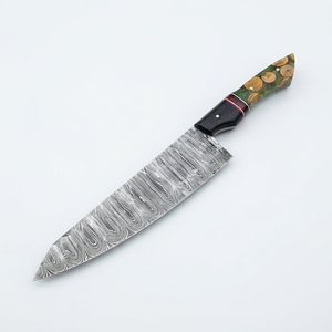 Cuchillo de chef de acero de Damasco con mango de resina con estampado natural, espaciador de madera negra y roja, para cocina, cuchillería, tallado, venta al por mayor, a granel, B2B, OEM - Product Image 1