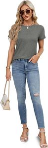 T-shirt à manches courtes pour femme, col en V, couleur unie, coupe classique, 100% coton, toile écologique, décontracté, respirant, à porter au printemps et en été - Product Image 2