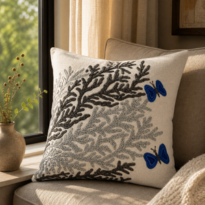 Embroidered Coral Cushion <b>Cover</b> with Butterfly Design Premium Fabric Decorative <b>Throw</b> Pillow Case for <b>Sofa</b> Hall & Bedroom Decor - Product Image 5