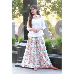 Haut blanc en tissu tissé respirant à imprimé floral, col montant, coupe ample, style palazzo, pour occasions quotidiennes, taille XS - Product Image 3