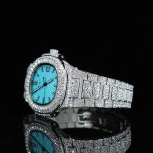 Montre carrée unisexe de luxe en acier inoxydable sertie de diamants, cadran bleu, affichage de la date, mouvement mécanique analogique, haute qualité - Product Image 2