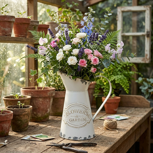 French Country Style White Metal Pitcher Embossed Decorative <b>Flower</b> Bucket Vintage Distressed Garden Vase Vintage Enamel Planter - Product Image 3