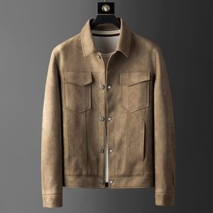 <b>Men's</b> Gray <b>Suede</b> Leather <b>Jacket</b> Turn-down Collar Zipper Closure Slim Moto Front Casual Winter Style Regular Sleeve Solid Color - Product Image 4