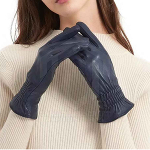 Premium Dark Blue <b>Leather</b> <b>Driving</b> <b>Gloves</b> Smooth Finish Elasticated Wrist Comfortable Full Finger Fashion Dress <b>Gloves</b> - Product Image 5