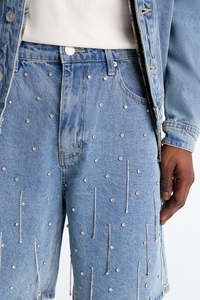 Lupin Felt Denim Manufacturer Custom Double Waist <b>Knees</b> Diamonds Rhinestone Baggy Cargo Jeans Denim Shorts Men's Shorts - Product Image 4