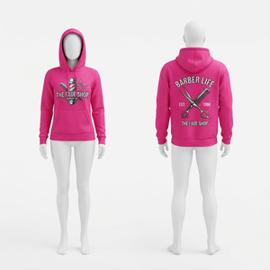 เสื้อฮู้ดดี้ผู้หญิงผ้าฟลีซคอตตอนโพลีเอสเตอร์คุณภาพพรีเมียม 320 GSM สีชมพูร้อนแรง แบบสวมหัว มีกระเป๋าจิงโจ้ ปักโลโก้ตามสั่ง - Product Image 1