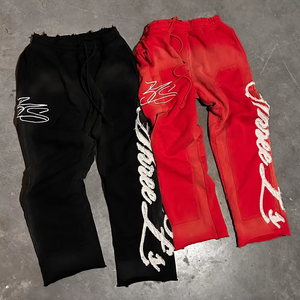 Ensemble de survêtement streetwear unisexe à manches longues avec sweat à capuche zippé et pantalon, broderie lettres, rouge et noir, coupe ample, pour adulte, automne - Product Image 2