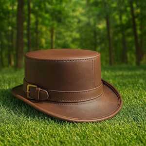 Premium Quality custom Handmade Brown Leather <b>Top</b> Hat Steampunk Cosplay Burning Man Victorian Style - Product Image 4