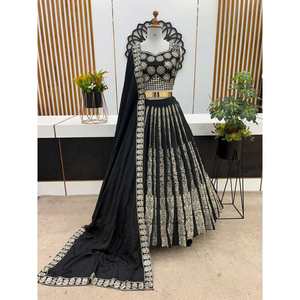 ผ้าจอร์เจียแบบแฟนซีเย็บลำดับ lehenga choli กับ dupatta สีดำ gharara - Product Image 1