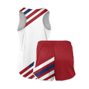 Uniformes de Atletismo para Adultos, Camiseta sin Mangas con Estampado de Bandera Roja, Blanca y Azul, Secado Rápido, Absorción de Humedad, Pantalones Cortos con Cintura Elástica - Product Image 1