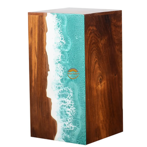 Urne funéraire en résine et bois naturel inspirée de l'océan, faite à la main, motif vague bleue, par AYAANS - Product Image 4