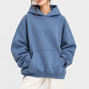 เสื้อฮู้ดโอเวอร์ไซส์แบบยูนิเซ็กซ์ สีน้ำเงินล้วน ผ้าฟลีซลำลอง มีกระเป๋า ดีไซน์เรียบง่าย ผ้าฝ้ายถัก ใส่ได้ในฤดูใบไม้ร่วง - Product Image 1