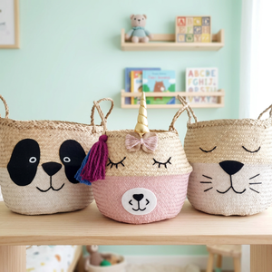 Handmade Rattan Animal Belly Basket Panda Unicorn Cat Face Design For Kids Room Storage Indoor Use Nursery Decoration - Product Image 1