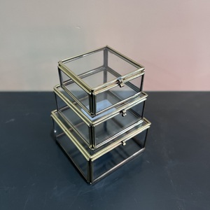 Artisan Design Jewellery <b>Box</b> Set of 3 Decorative <b>Storage</b> Boxes <b>Small</b> Brass and Glass Finish From Uttar Pradesh - Product Image 2