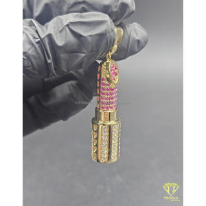 Luxury <b>Iced</b> Lipstick Pendant With Gold And Pink Stone Design Full Diamond Look Setting Hip Hop Jewelry <b>Chain</b> - Product Image 2