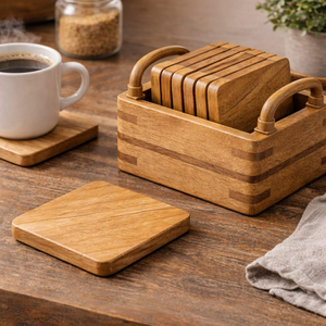Solid Wood <b>Coaster</b> <b>Set</b> <b>with</b> <b>Holder</b> Rustic Modern Drink <b>Coasters</b> for Coffee Cups Mugs Glasses Dining Table Kitchen and Home Decor - Product Image 3