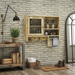 Meuble mural en bois avec portes vitrées, étagères, porte-serviettes et crochets – Unité de rangement flottante polyvalente pour cuisine et salle de bain - Product Image 6