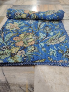 Handmade Kantha Quilt Reversible Cotton Blanket Blue Floral Pattern <b>Bedspread</b> Home Decor Gift for Her - Product Image 3